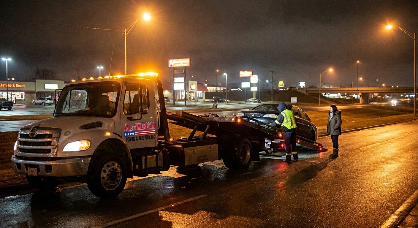Tow truck helping stranded driver in Joplin at night