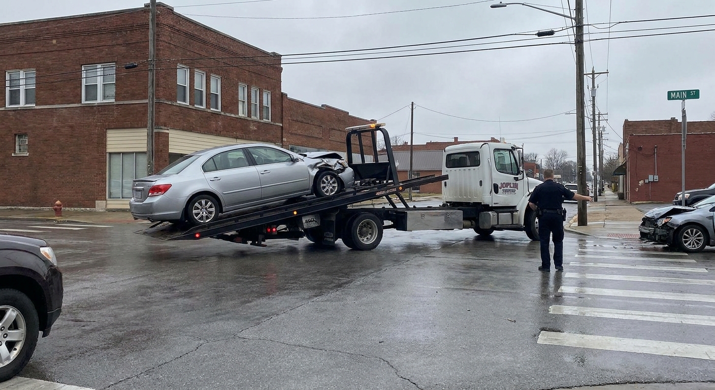 Towing process after an accident in Joplin showing tow truck and accident scene