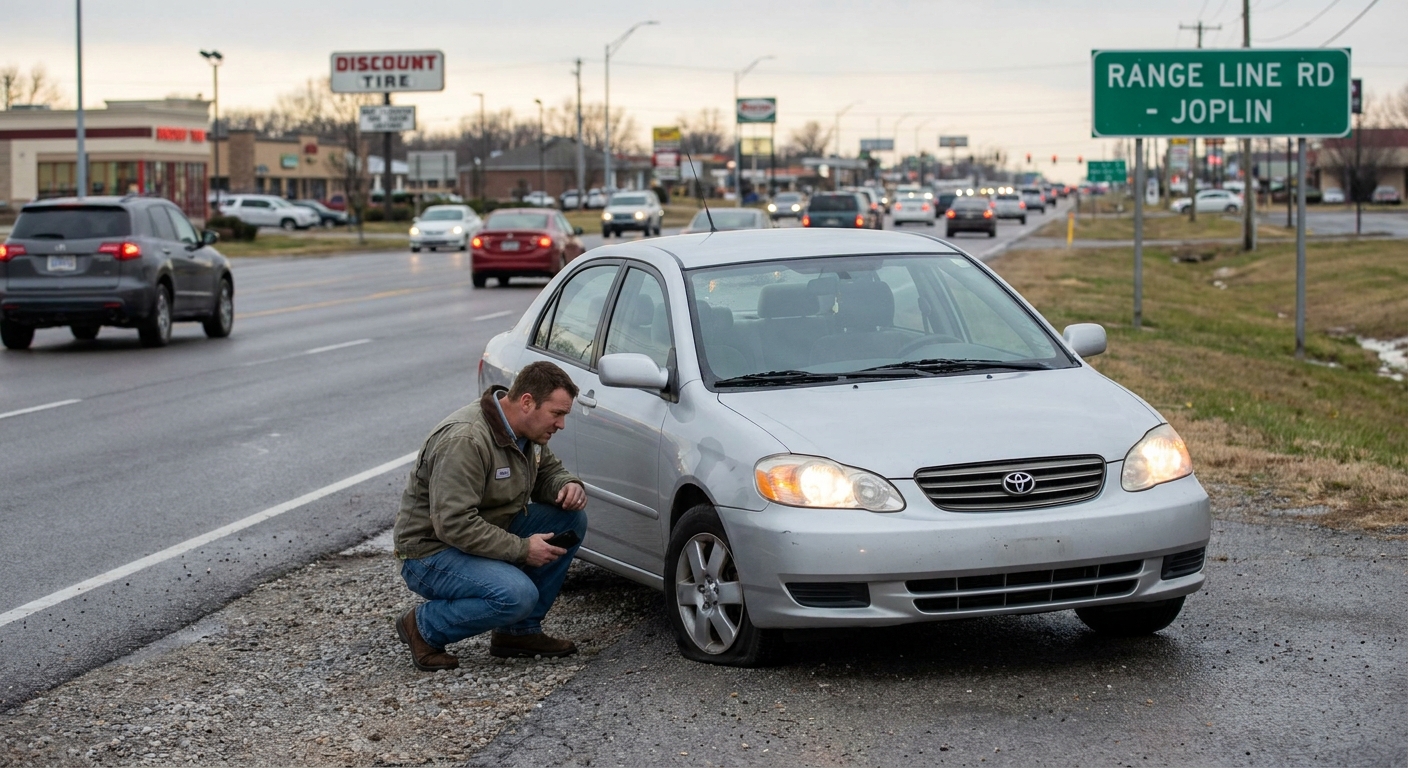 Roadside assistance helping with a flat tire in Joplin