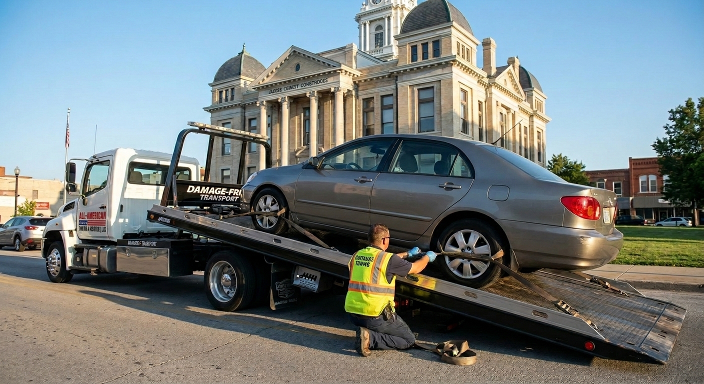 Tow truck safely transporting a car in Carthage without causing damage