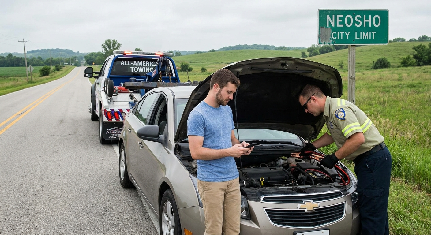 Jump start versus tow decision in Neosho - car with jumper cables and tow truck in background