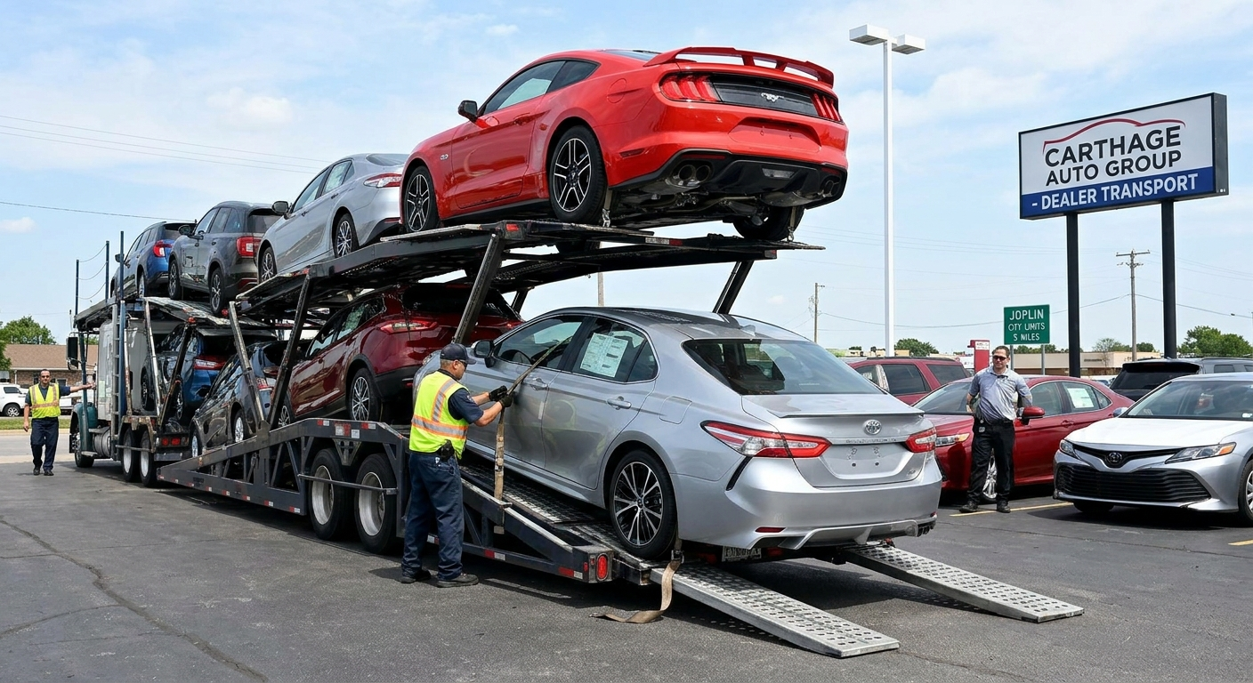 Dealer vehicle transport process in Carthage, including loading, tracking, and delivery